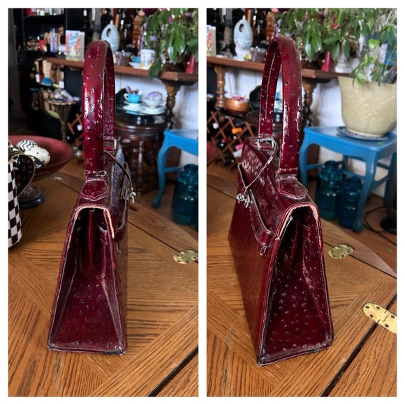 Vintage Burgundy Ostrich Leather Handbag - Picture 9 of 15